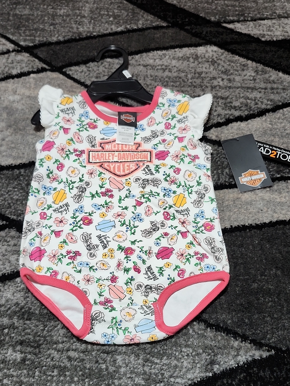 HARLEY DAVIDSON 2016 INFANT GLITTER BAR & SHIELD LOGO MOTORCYCLE & FLORAL ONESIE